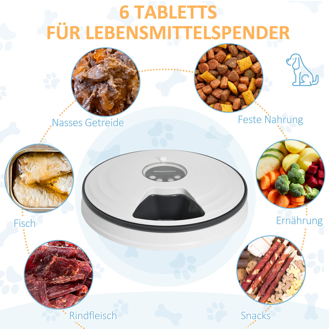 Automatisk kattefoderautomat vådfoder kattefoder med led-display, programmerbar timer, 6 foderrum til 70 g tørfoder hver 4 måltider automatisk foderautomat til hunde katte