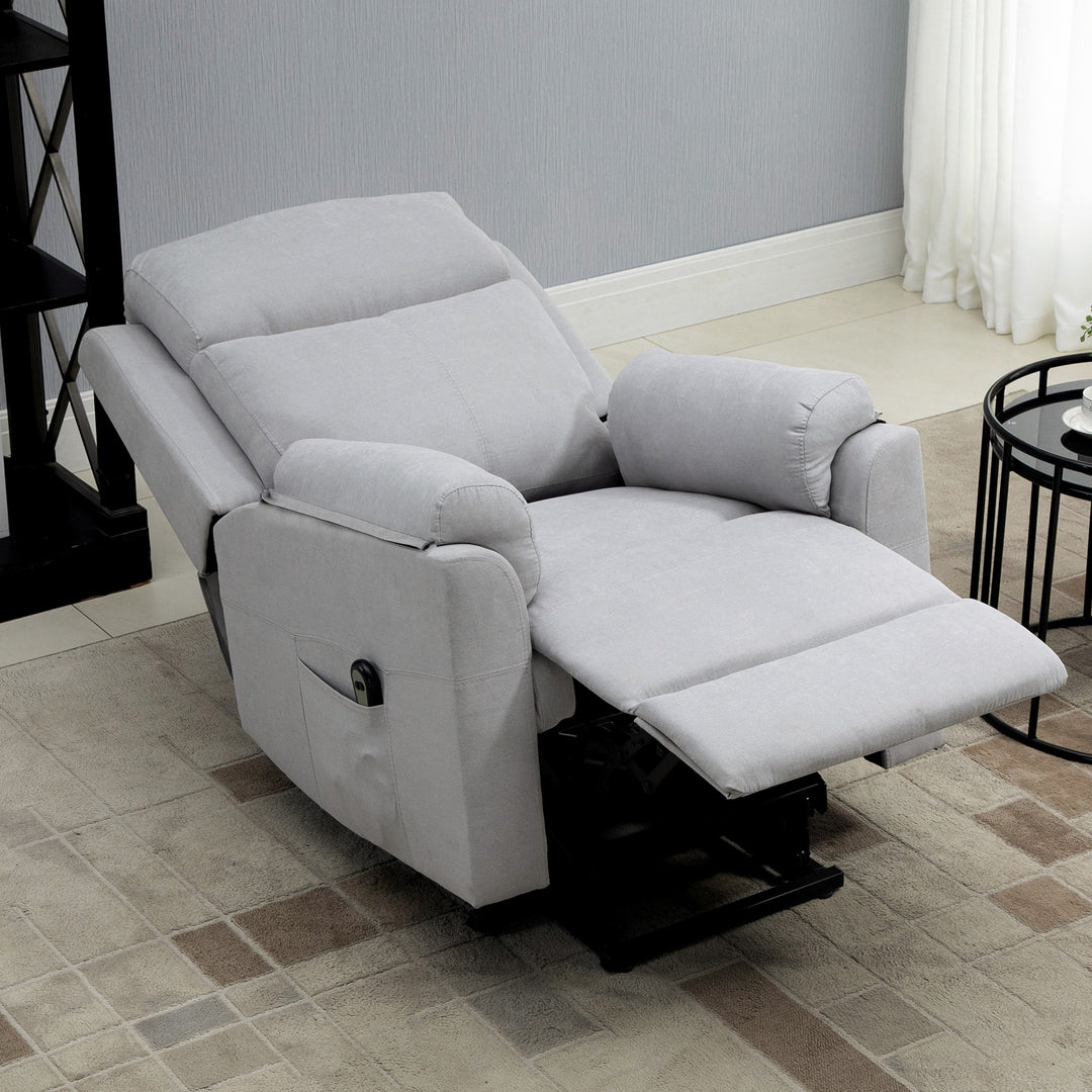 Elektrisk stol med hæve-sænkefunktion til seniorer, lænestol, tv-stol med sovefunktion og ståhjælp, tv-stol, lænefunktion, linned touch, lysegrå, 83 x 89 x 102 cm