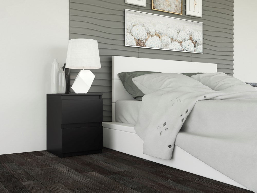 Moderne sengebord med 2 skuffer, sort