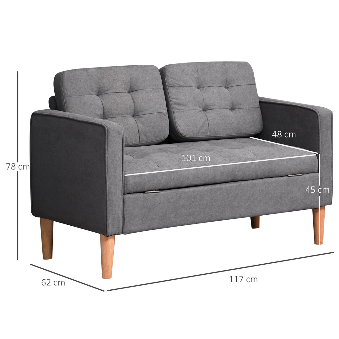2-personers sofa, sofa med opbevaring, træben, polstret sofa med fløjlslook til stue, soveværelse, 117 x 62 x 78 cm, grå