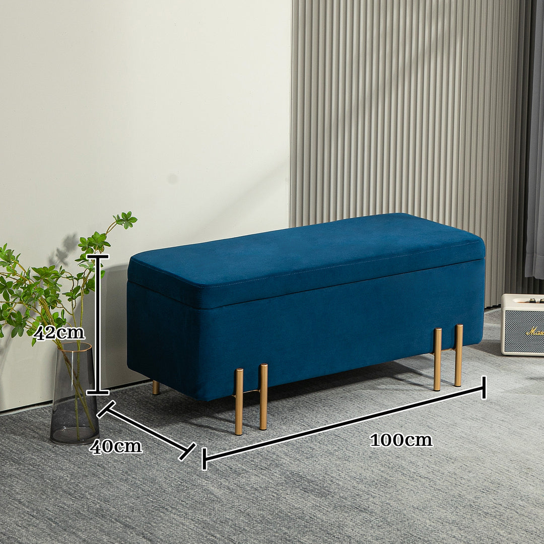 Bænk, polstret bænk med opbevaring, metal, gummitræ, skum, 100 x 40 x 42 cm, mørkeblå