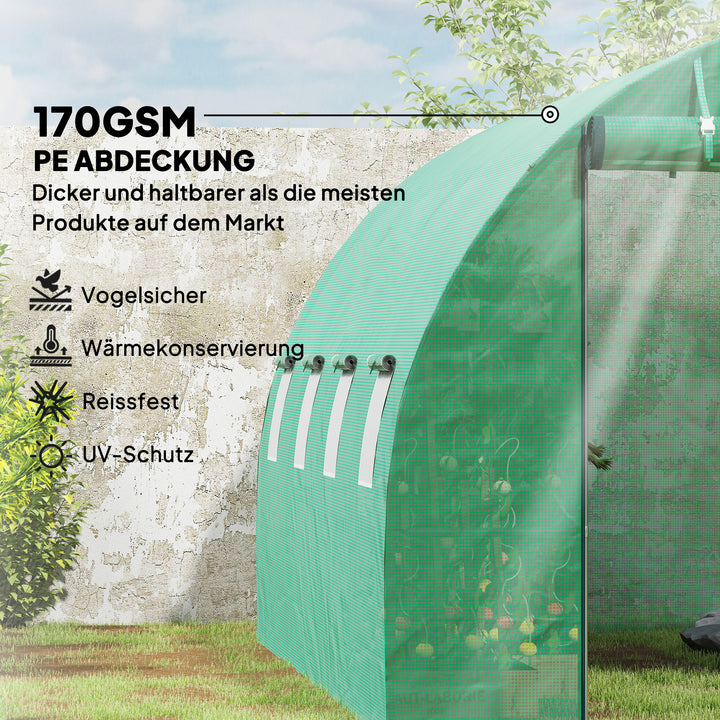 Polytunnel drivhus med plastikdæksel og stålramme, walk-in drivhustelt med rulledøre, grøn