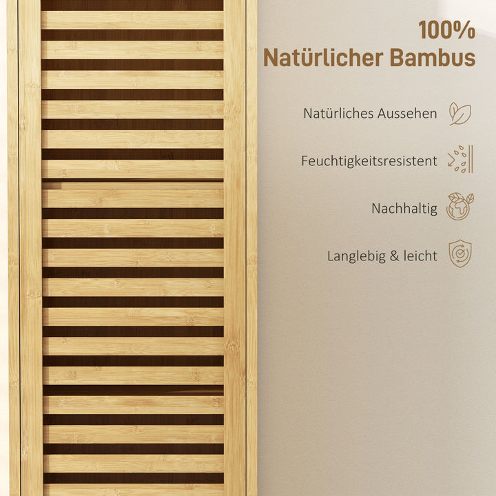 Smalt badeværelsesskab, højt skab med 3 åbne hylder, justerbare hylder, lameldør, 34 x 30 x 170 cm, naturlig finish
