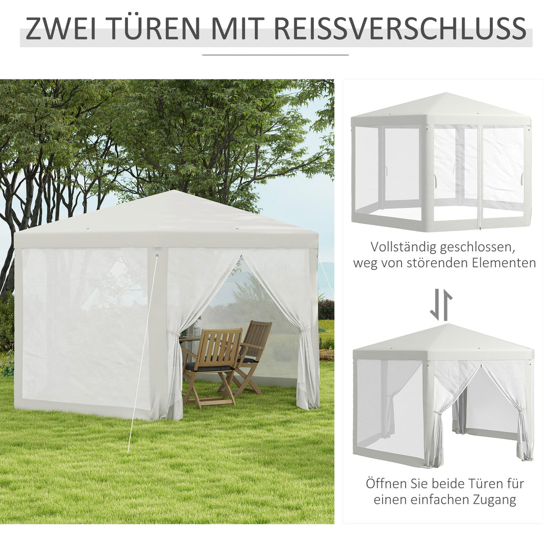 Havepavillon, sekskantet, netgardiner, metalramme, 3,94 x 3,412 x 2,5 m, cremefarvet