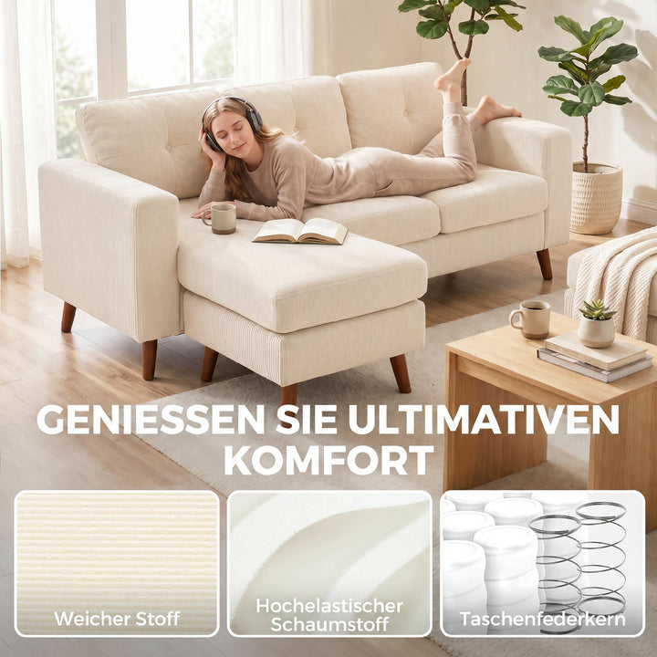 Hjørnesofa 192 cm L-formet 3-personers sofa med vendbar chaiselong, corduroy-look, til små rum, cremehvid