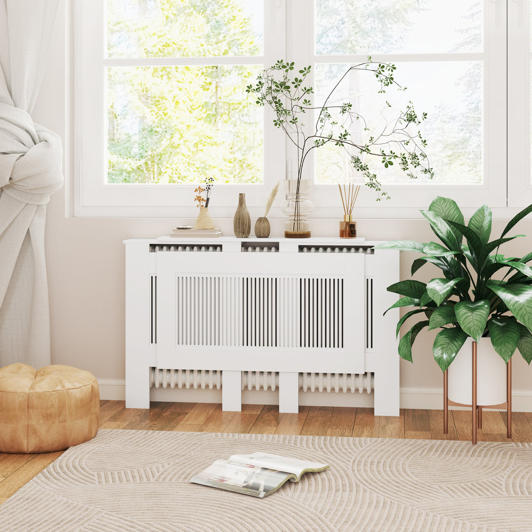 Radiatordæksel lameldesign justerbar længde 125-201cm mdf hvid