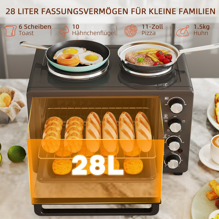 28 L brødristerovn, kompakt ovn til madlavning og grillning, elektrisk ovn med bageplade, grillrist, 2600w, sort