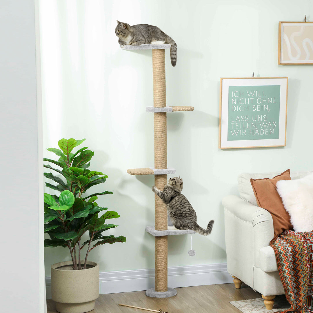 Kradsetræ til katte, 5-lags design, legetøj, sisalpæle, plysstof, lysegrå