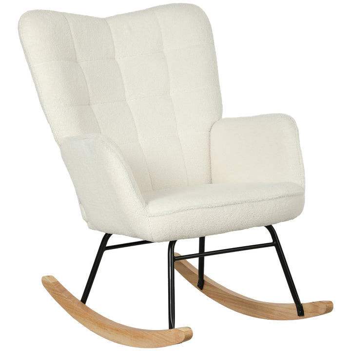 Gyngestol i fleece-look med armlæn, ergonomisk lænestol med træbase, til stue, soveværelse, hvid