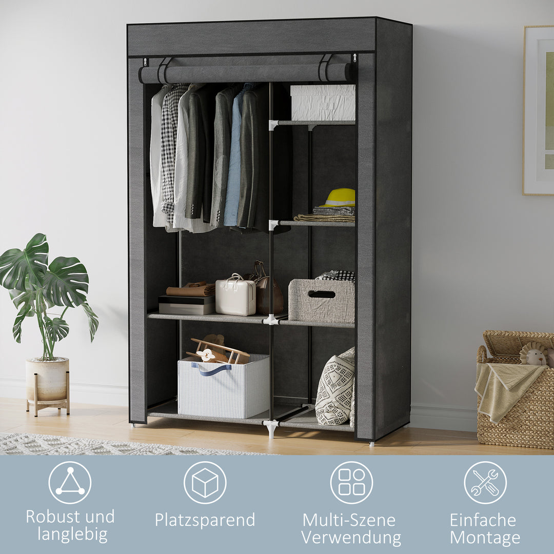 Stofgarderobe, opbevaringsløsning, 6 hylder, 1 bøjlestang, mørkegrå