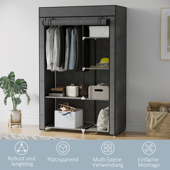 Stofgarderobe, opbevaringsløsning, 6 hylder, 1 bøjlestang, mørkegrå