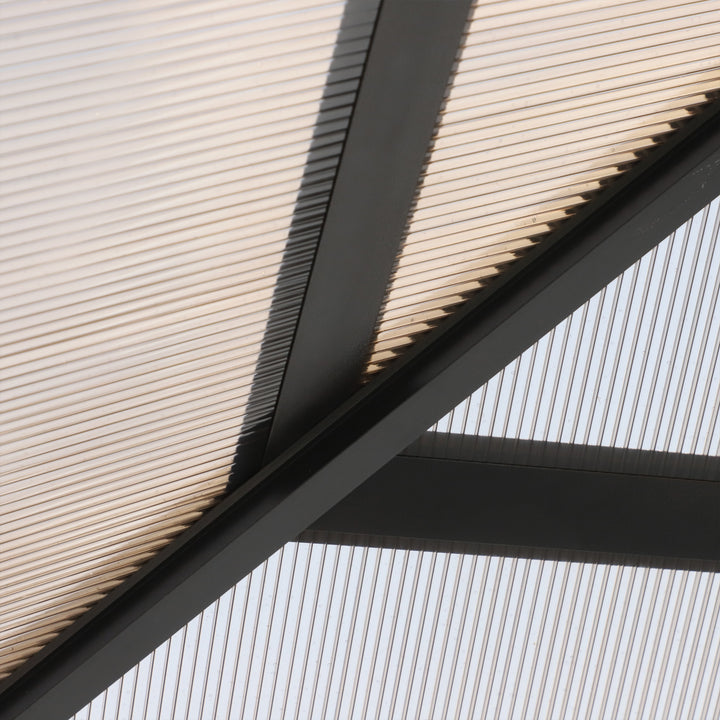 Solrigt lysthus med polycarbonattag, gardiner med fluenet, aluminiumsramme, mørkegrå, 3 x 3 m