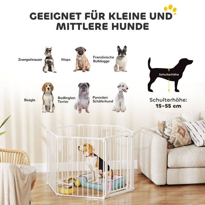 Kæledyrshegn, 6-panels barriere med dør, foldbar, til små og mellemstore hunde, plastik, kulstofstål, hvid