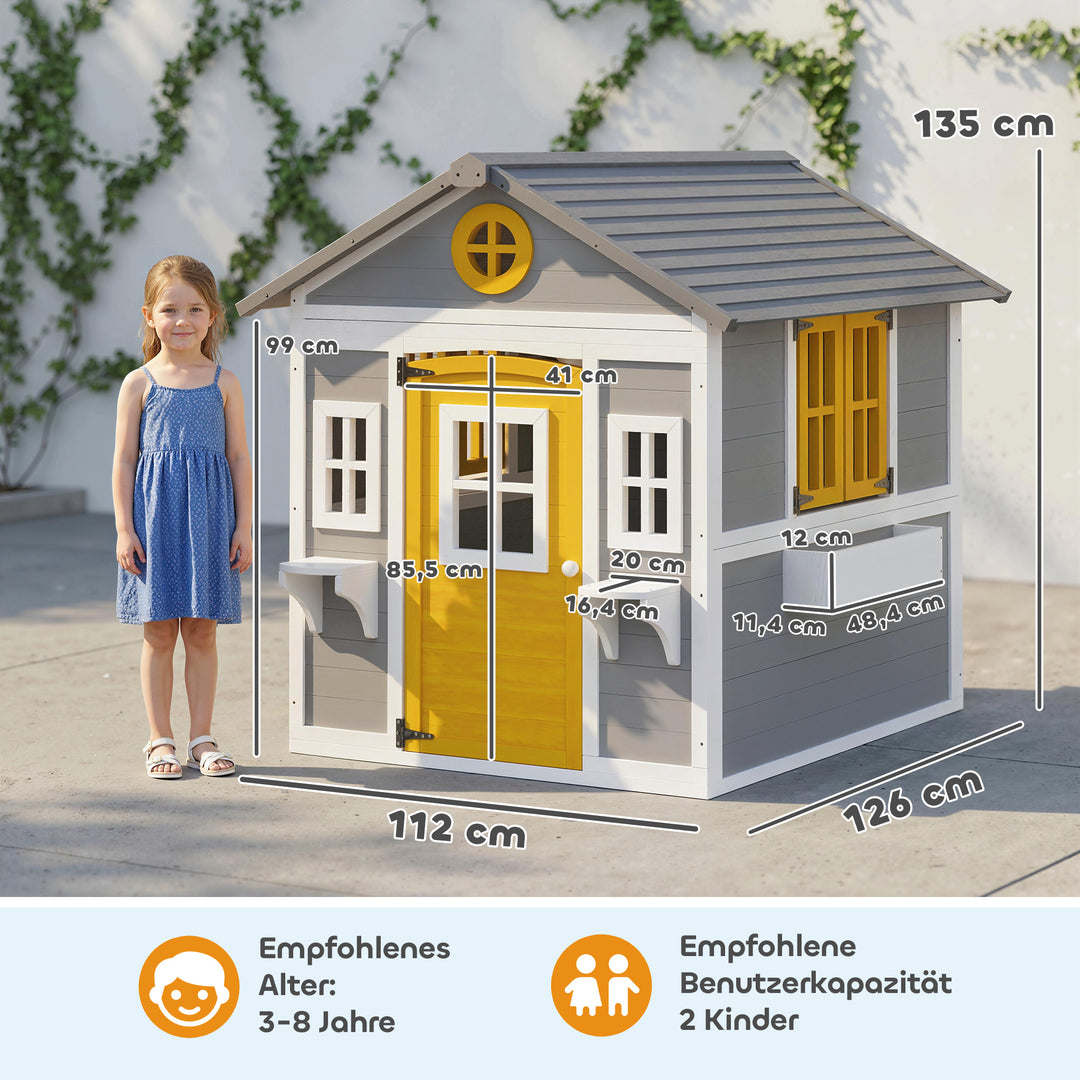 Vejrbestandigt trælegehus til børn, med dør, 6 vinduer, 2 blomsterkasser og 2 blomsterstandere, til alderen 3-8, grå