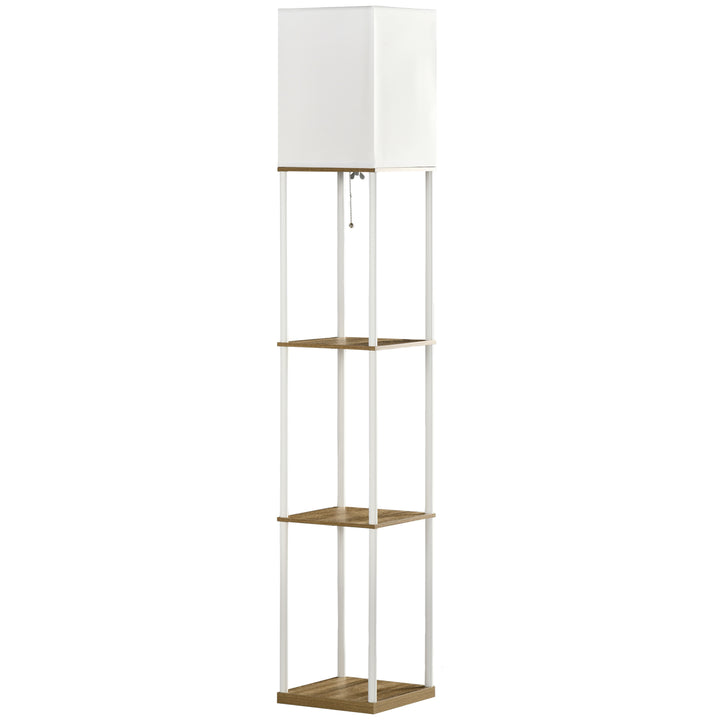 Gulvlampe, loftprojektør, med hylder, metalramme, stofskærm, 26x26x159cm, hvid/brun