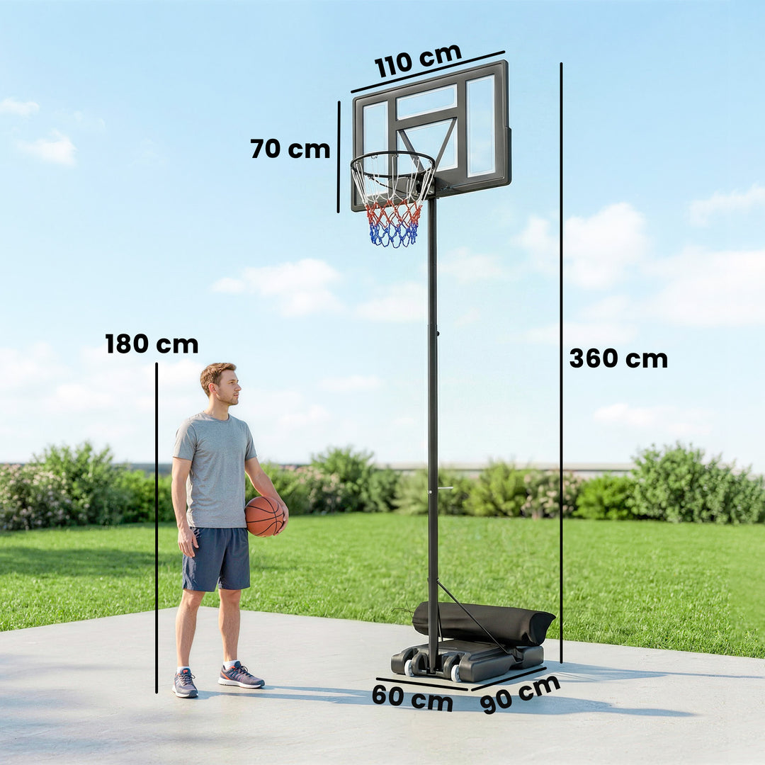 Udendørs basketballkurv 135-305 cm, hurtigt højdejusterbar, basketballstativ med 110x70 cm brudsikkert bagpanel, 2 hjul