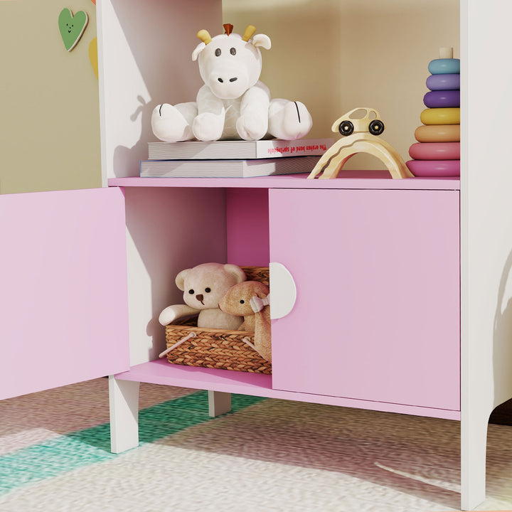 Børnebogreol, 2 hylder, 2 skabe, fritstående, anti-tip design, skridsikre ben, mdf, pink+hvid