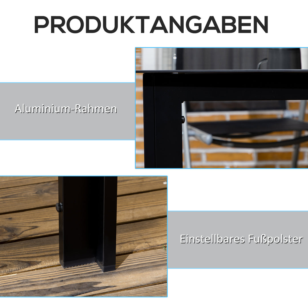 Havebord til 6 personer, vejrbestandigt, hærdet glas, terrassebord, 150 cm x 90 cm x 74 cm, sort