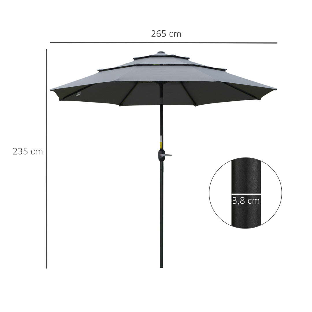 Parasol med 3-lags baldakin håndsving terrasseparasol drejelig markedsparasol 8 ribber haveparasol med solbeskyttelse, 2,6 m, stål, polyester, mørkegrå