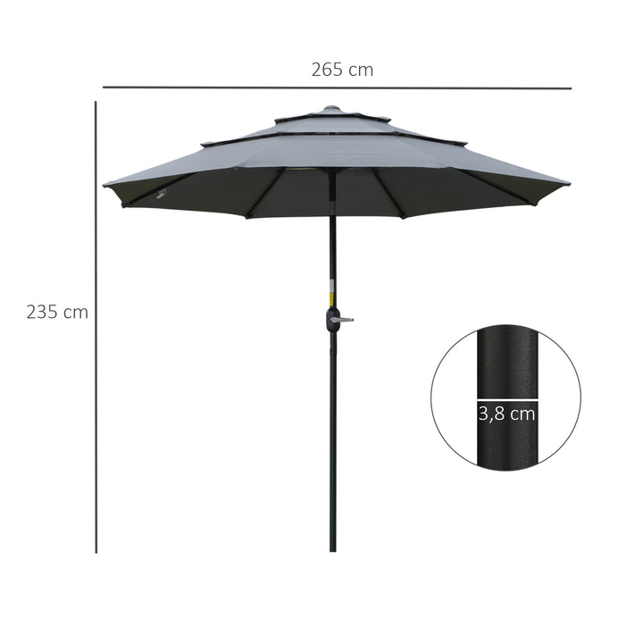 Parasol med 3-lags baldakin håndsving terrasseparasol drejelig markedsparasol 8 ribber haveparasol med solbeskyttelse, 2,6 m, stål, polyester, mørkegrå