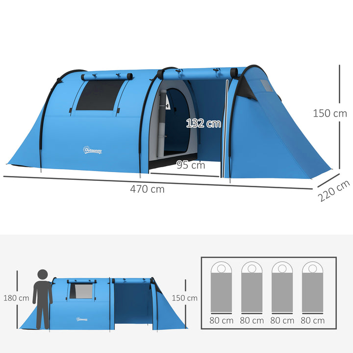 Campingtelt til 3-4 personer, stabilt, vandtæt, familietelt med soveværelse/stue, 3000 mm vandsøjle, himmelblå