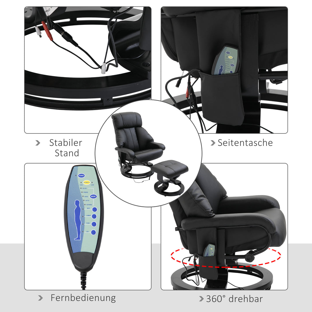 Massagestol med fodskammel, 10 vibrationspunkter, 145° justerbar ryglæn, sort