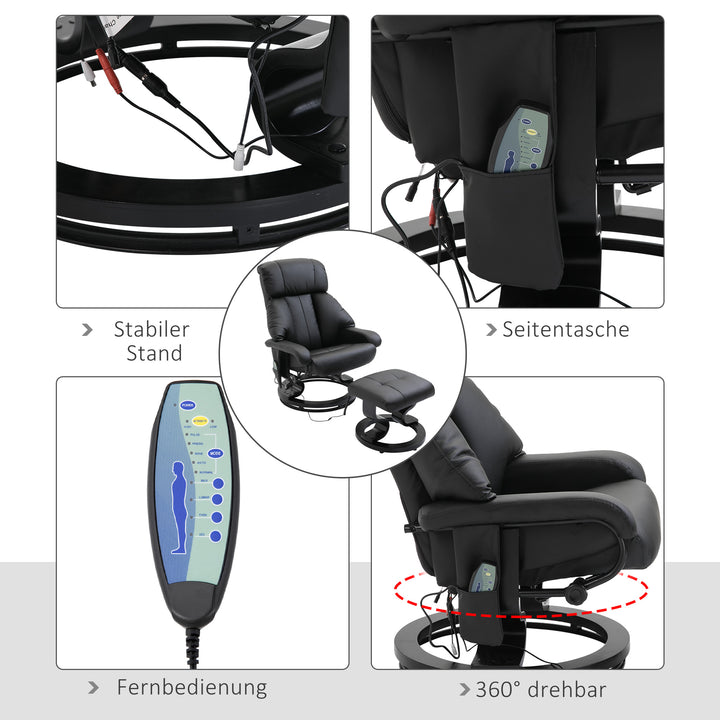 Massagestol med fodskammel, 10 vibrationspunkter, 145° justerbar ryglæn, sort