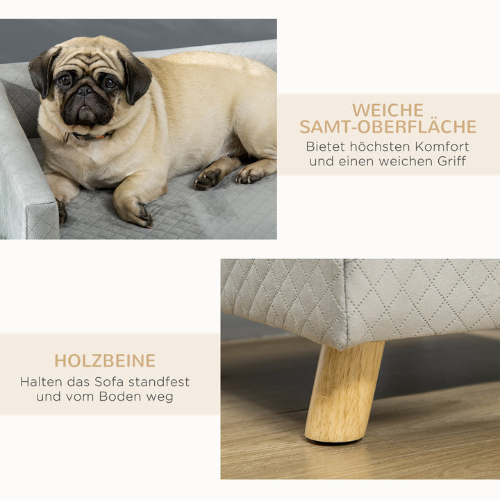 Hundesofa med træben, hundeseng, kæledyrssofa, hundemåtte til små hunde op til 8 kg, fløjlsagtig, grå, 64 x 45 x 36 cm