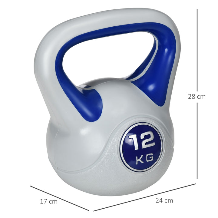 Kettlebell, 12 kg, flad bund, stort håndtag, plastbelægning, blå, 24 x 17 x 28 cm