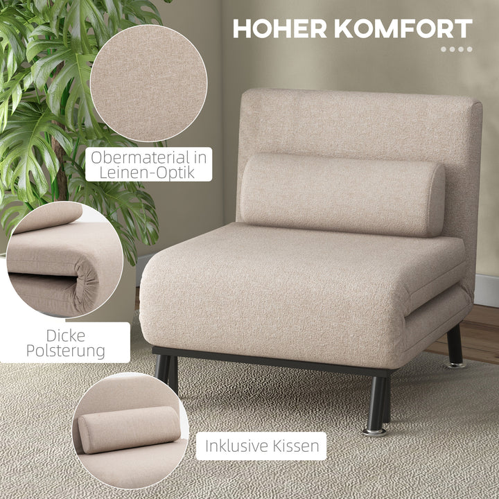 Klapstol med sengefunktion, foldbar afslapningsstol i linnedlook, justerbar ryglæn, 75 x 70 x 75 cm, beige