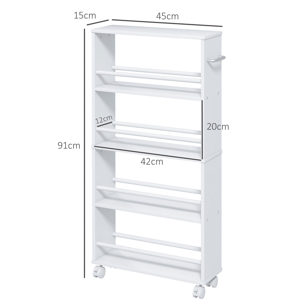 Multifunktionshylde med hjul, slankt design, 4 rum, 45 x 15 x 91 cm, hvid