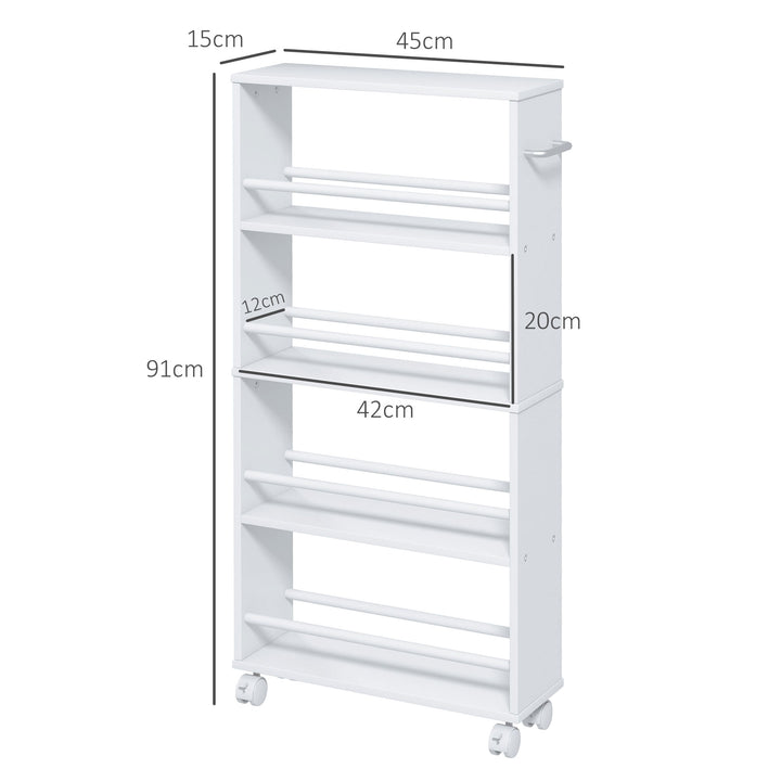 Multifunktionshylde med hjul, slankt design, 4 rum, 45 x 15 x 91 cm, hvid