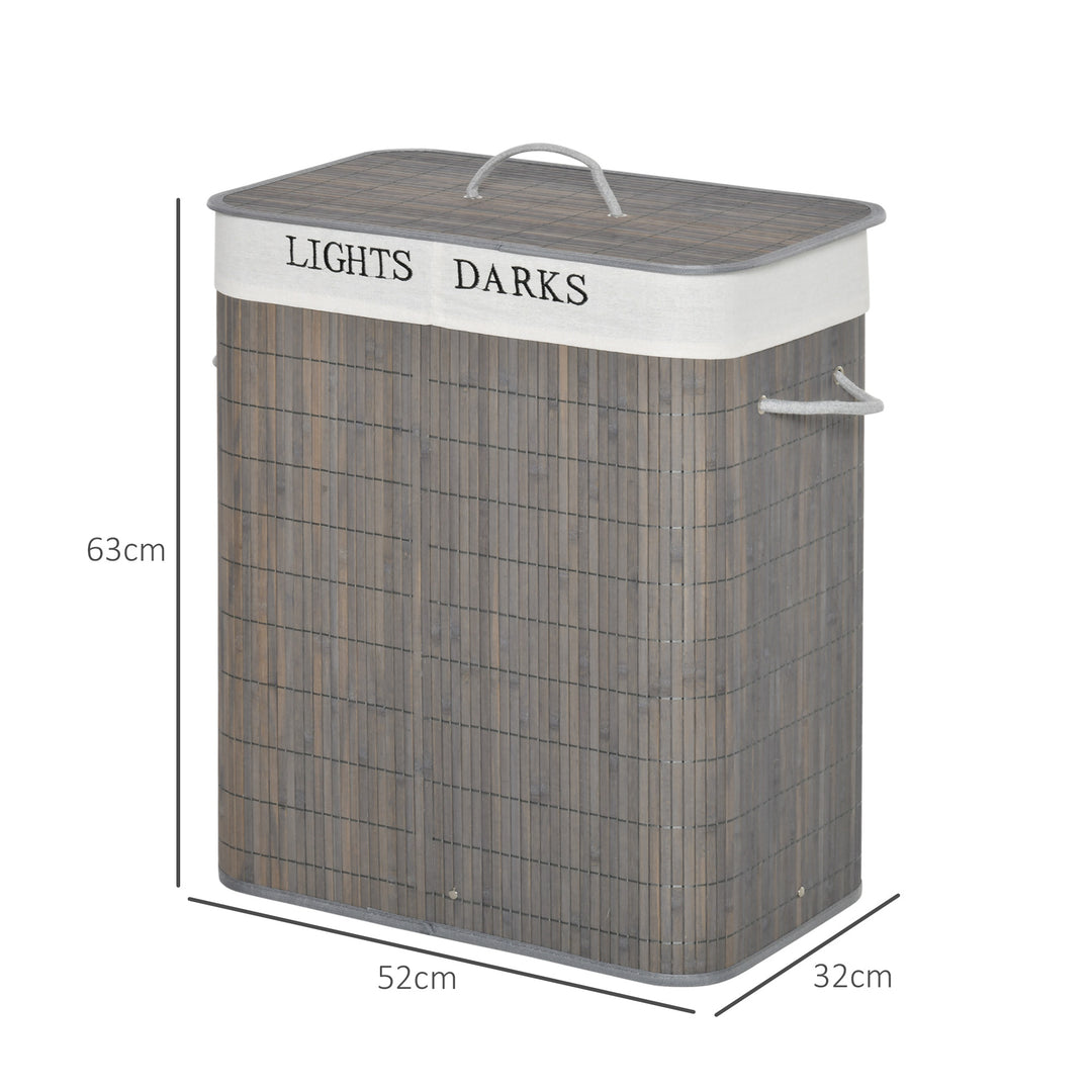 100L vasketøjskurv med 3 håndtag, med vaskbar vasketøjspose, bambus, polyester, bomuld, metal, 52 x 32 x 63 cm, grå