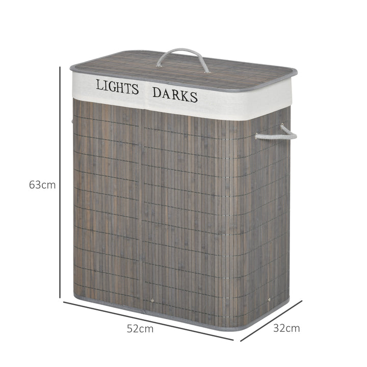 100L vasketøjskurv med 3 håndtag, med vaskbar vasketøjspose, bambus, polyester, bomuld, metal, 52 x 32 x 63 cm, grå