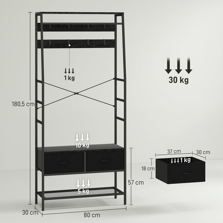 Knagerække med skohylde, tøjstativ i industrielt design, 2 stofskuffer, 8 kroge, metalramme, sort