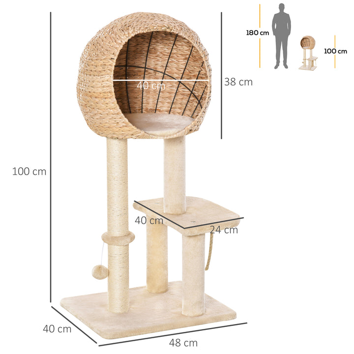 Kradsetræ 100 cm kattetårn med hule, legebold, sisalstolper, platform, kradsetræ i flere niveauer, klatretræ, til mellemstore katte, beige