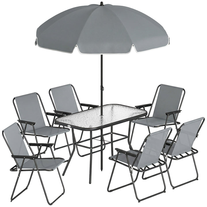 Havemøbelsæt, siddegruppe, 119 x 68 cm, glasbord med 6 klapstole, parasol, vandbølgemønster, grå