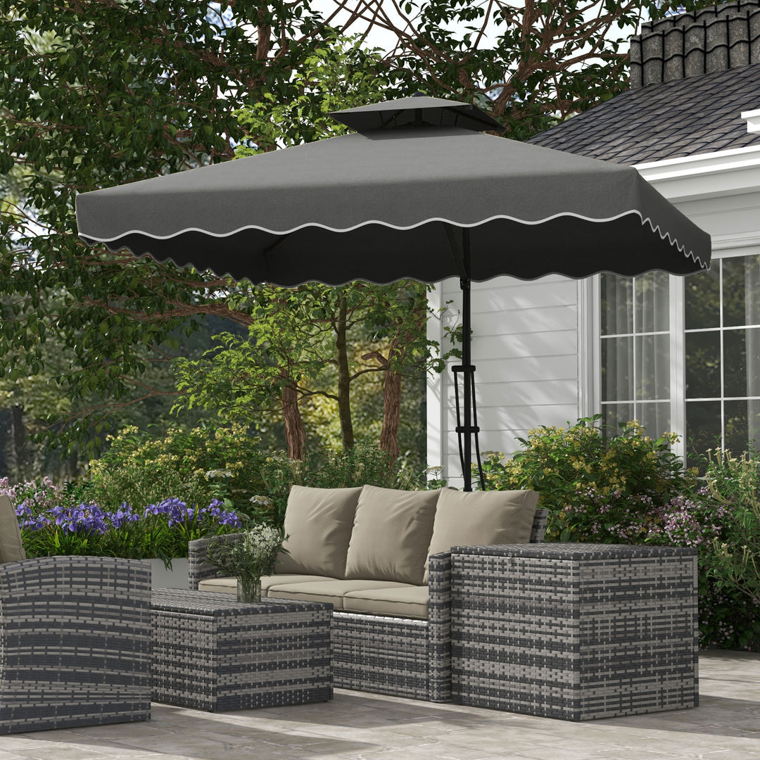 Haveparasol, fritstående parasol, dekorativ kant, ventileret tag, metalramme, 2,4x2,4x2,6m, mørkegrå