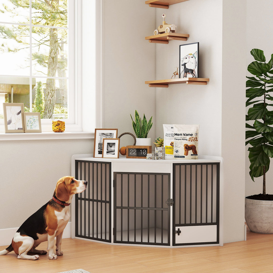 Hundebur, hundegård til små og mellemstore hunde, kæledyrsbur, foderlåge, MDF, metal, hvid
