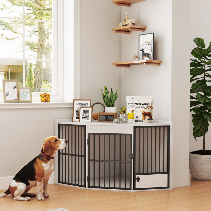 Hundebur, hundegård til små og mellemstore hunde, kæledyrsbur, foderlåge, MDF, metal, hvid