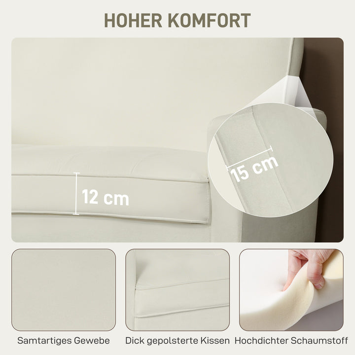 2-personers sofa, dobbeltsofa med gummiben i træ, polstret sofa til stue, soveværelse, cremehvid
