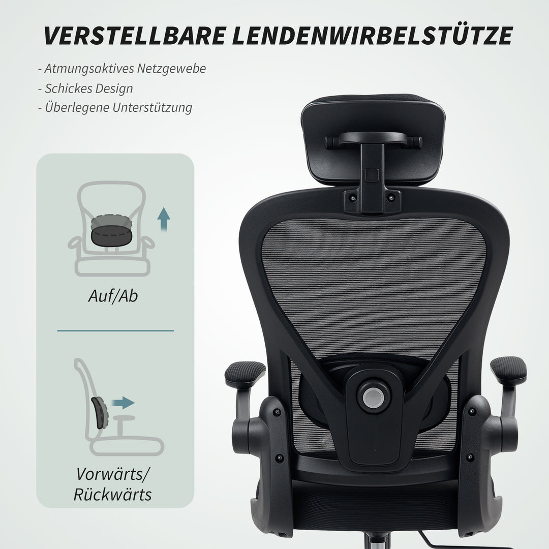 Ergonomisk kontorstol med opklappelige armlæn og justerbar lændestøtte, sort