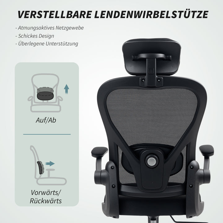 Ergonomisk kontorstol med opklappelige armlæn og justerbar lændestøtte, sort