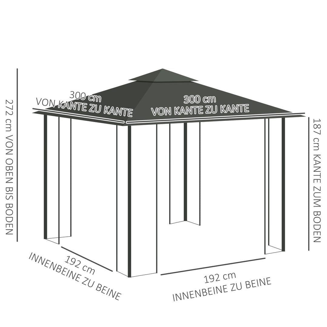 Pavillon med dobbelttag, 3x3 m, vandafvisende, stabil, vintersikker, havepavillon med myggenet, lysegrå