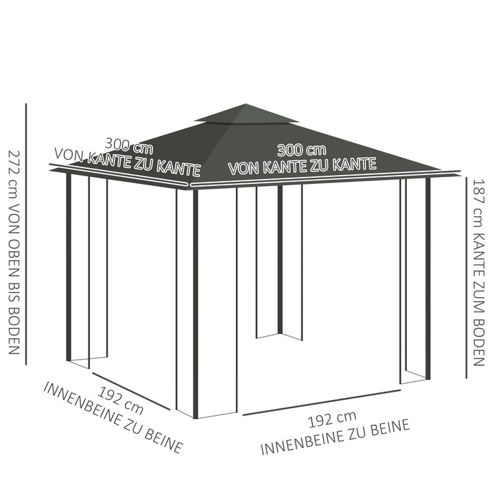 Pavillon med dobbelttag, 3x3 m, vandafvisende, stabil, vintersikker, havepavillon med myggenet, lysegrå
