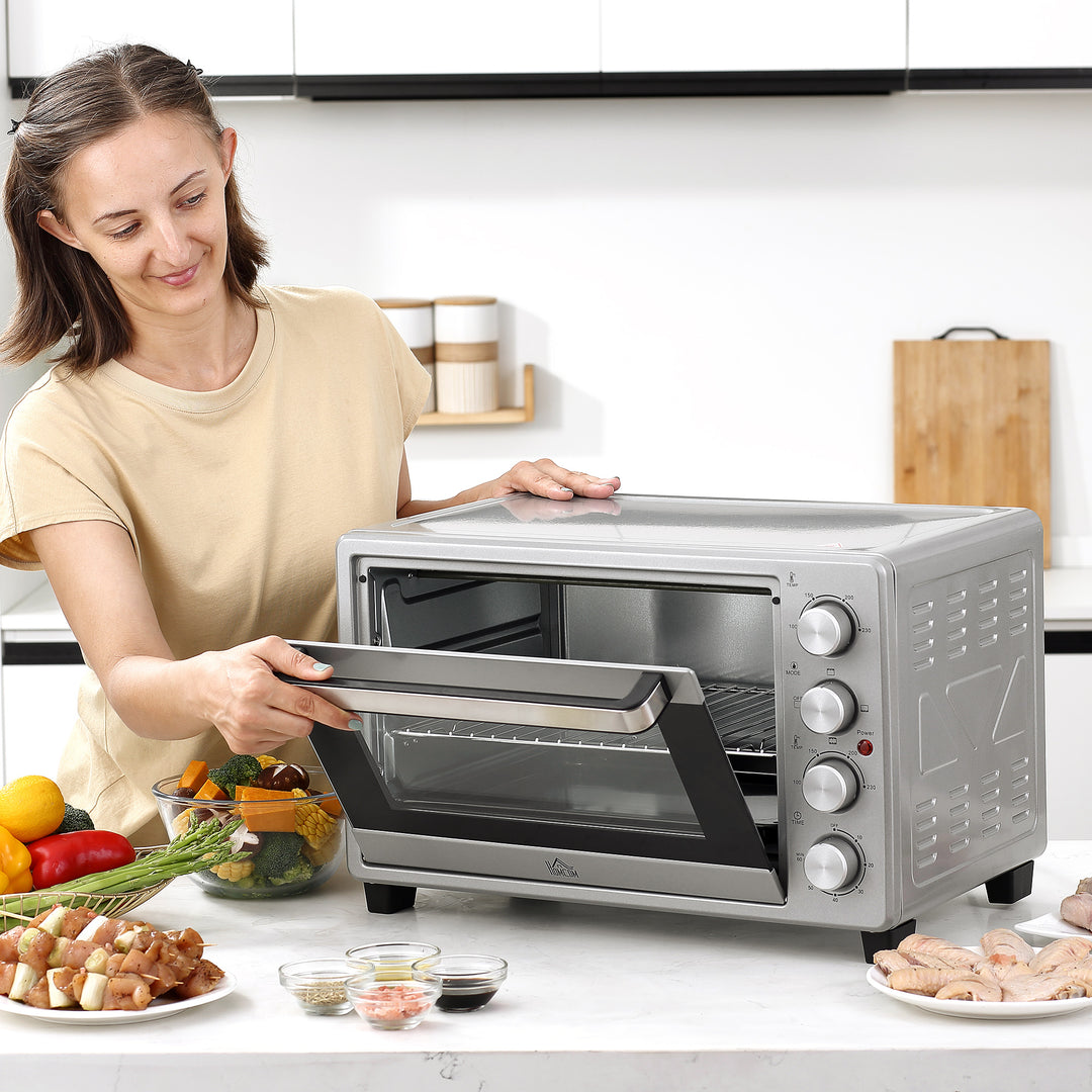 Miniovn 32l 100°c-230°c 1600 w miniovn med bageplade krummebakke grillrist og 3 tilberedningstilstande pizzaovn med timer bagepladehåndtag rustfrit stål sølv