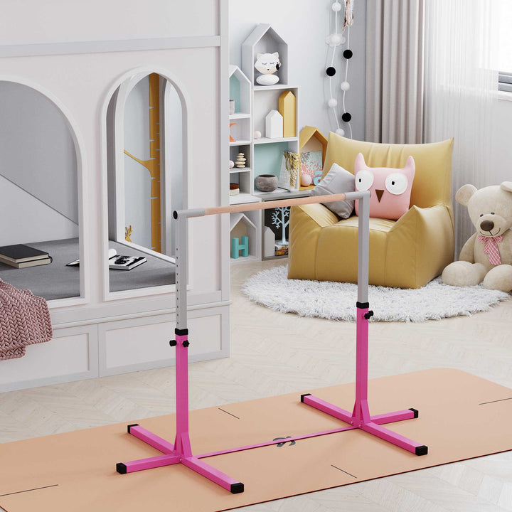 Gymnastikstang til børn, højdejusterbar vandret stang, vandret stang til indendørs og udendørs brug, lavet af træ og robust stålkonstruktion, lasteevne op til 75 kg, til børn fra 3 år, lyserød
