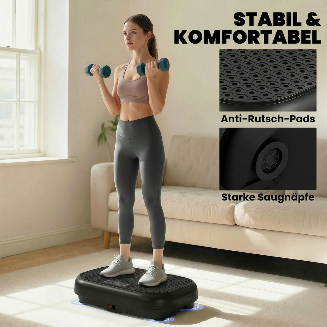 Vibrationsplade med 120 intensitetsniveauer, 5 forudindstillede programmer, fjernbetjening, LED-display til muskelopbygning, sort