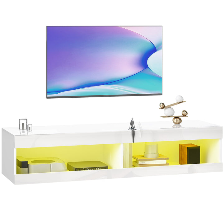 TV-skab, vægmonteret TV-lavbord med RGB LED-belysning i 16 farver, TV-bord med åben opbevaringsplads, til 55-60 tommer TV, til stue, soveværelse, 140 x 40 x 30 cm, hvid højglans