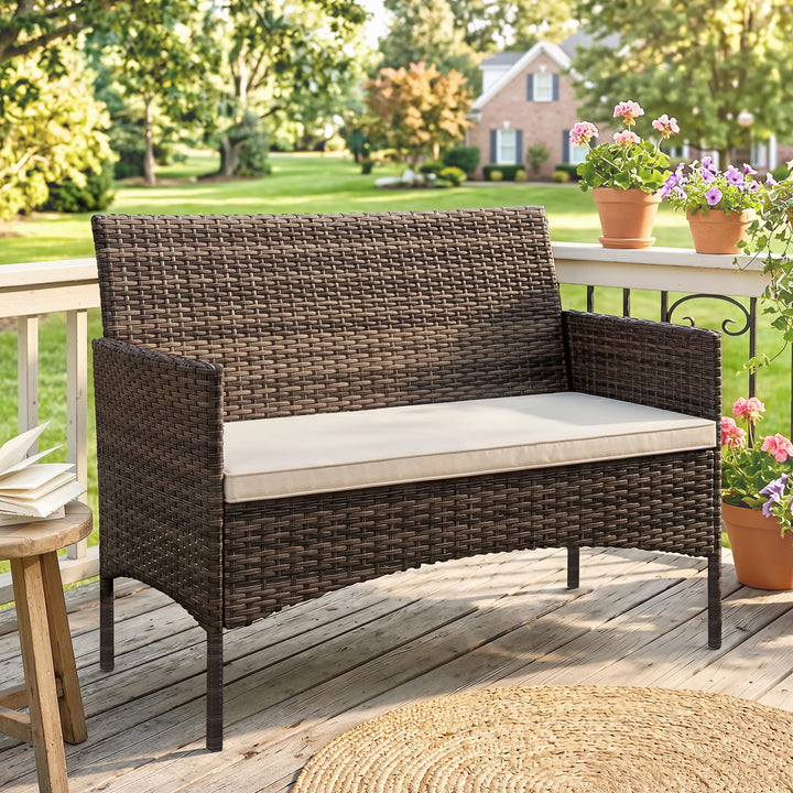 2-personers havesofa i rattan, PE-rattan udendørs terrassesofa med hynder, skridsikre måtter, stålstel, khaki